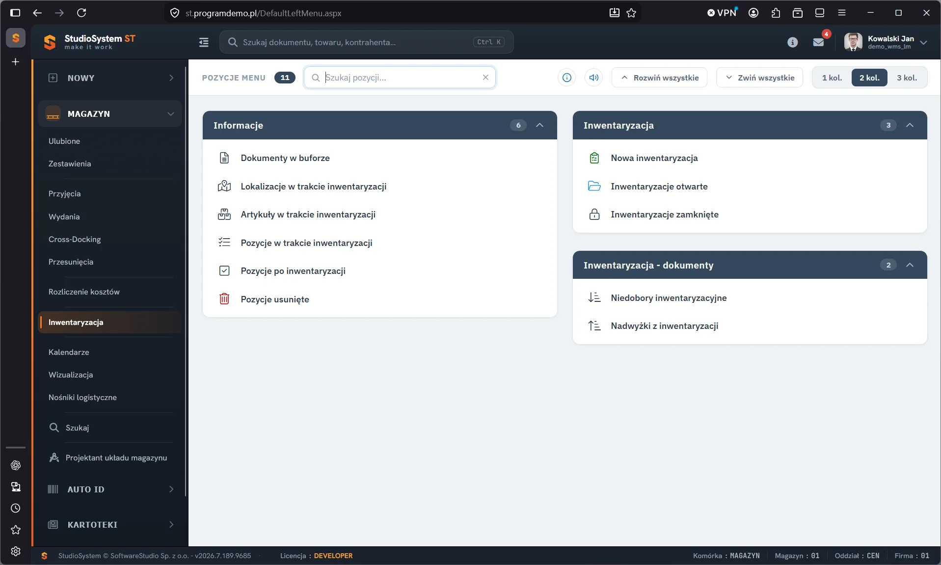 Menu modułu Inwentaryzacja Studio WMS.net, standardowy moduł: kafelkowe menu modułu Inwentaryzacja z blokami Informacje, Inwentaryzacja oraz Inwentaryzacja - dokumenty