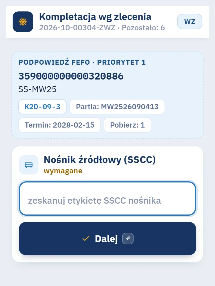 Terminal, krok Nośnik źródłowy z kartą podpowiedzi FEFO: nośnik, gniazdo, partia, termin i liczba kartonów do pobrania