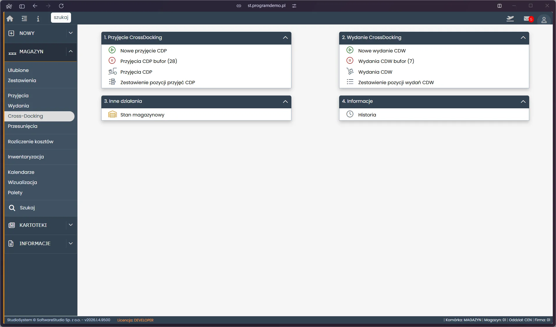 Studio WMS.net - sekcja Magazyn, lista dokumentów cross-docking z filtrami statusu i daty