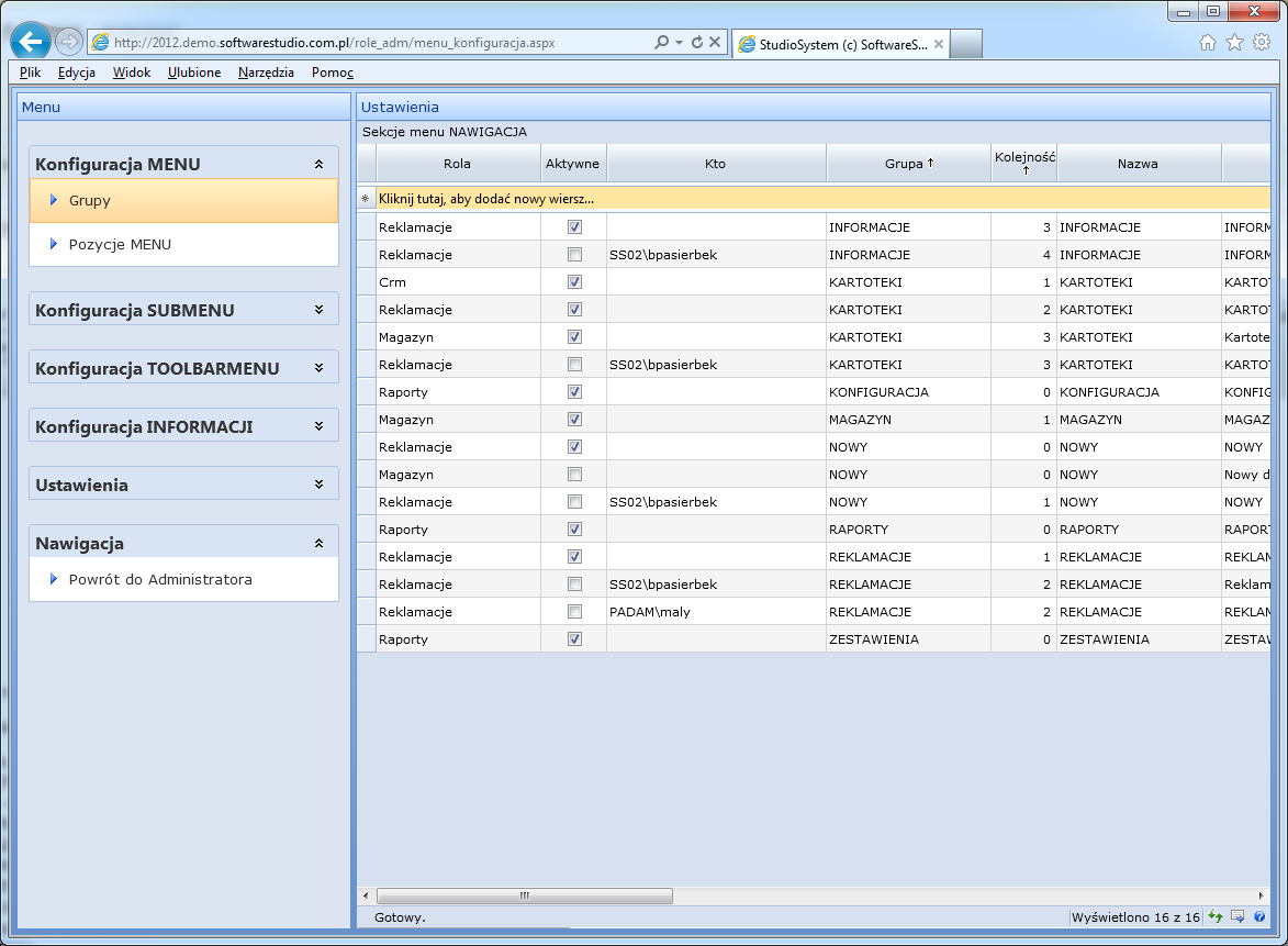 studiosystem administrator konfiguracja menu grupy tabela