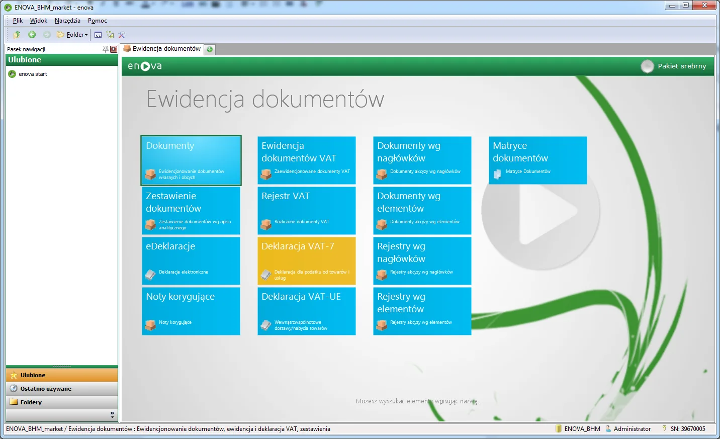 System ERP enova, moduł ewidencji dokumentów z kafelkami dokumentów własnych i obcych, rejestru VAT, deklaracji VAT-7 i VAT-UE, eDeklaracji, not korygujących oraz zestawień według nagłówków i elementów