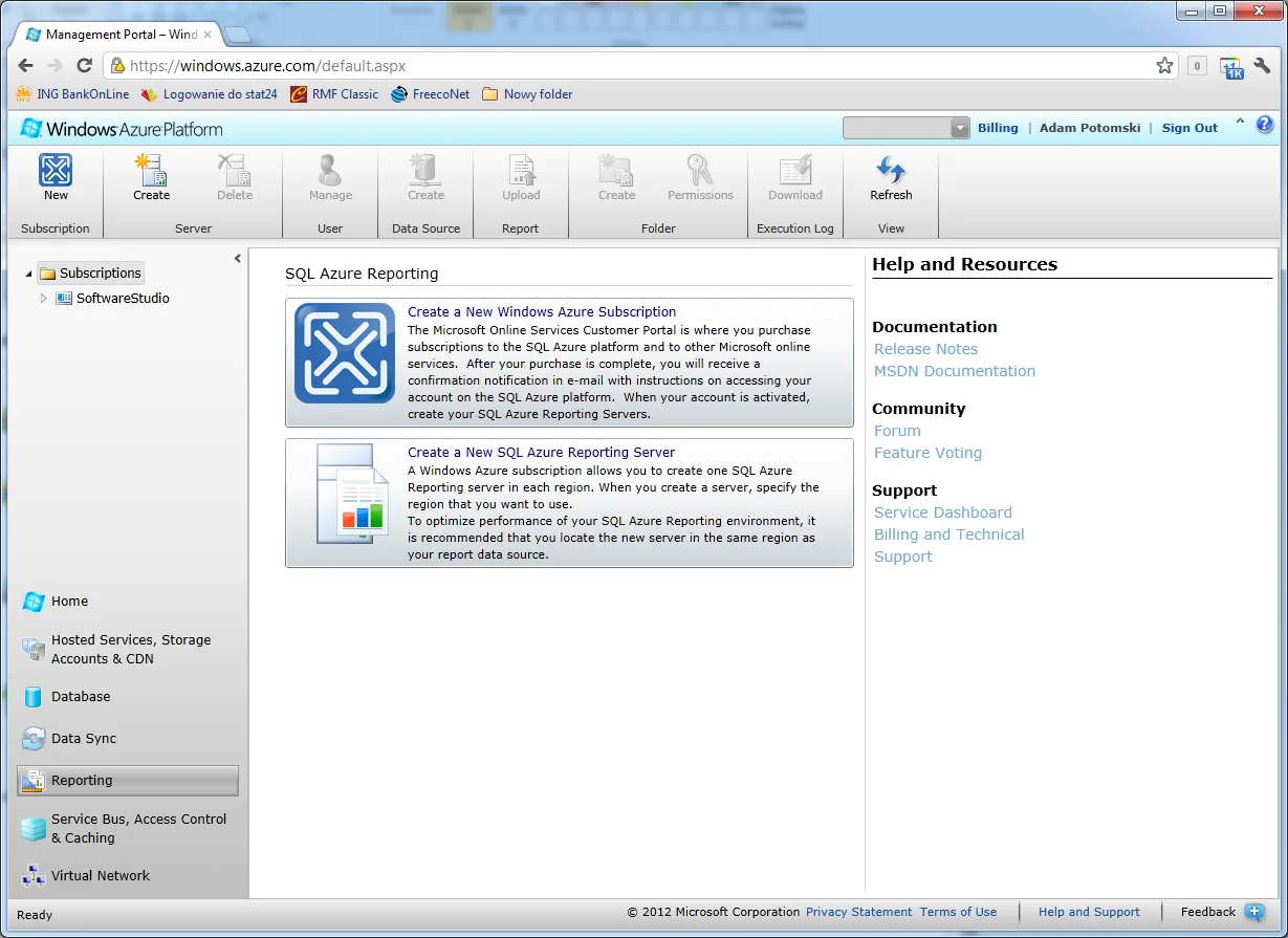 Windows Azure SQL Reporting - panel usługi