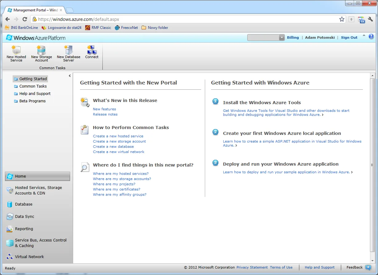 Ekran startowy Windows Azure