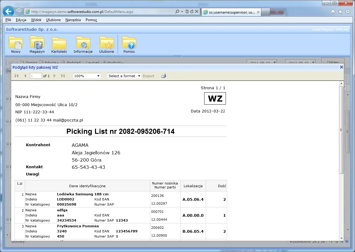 Program magazynowy SoftwareStudio, podgląd wydruku listy pakowej do dokumentu WZ: dane kontrahenta i numer picking listy nad tabelą pozycji z indeksem, kodem EAN, numerem nośnika, lokalizacją i ilością