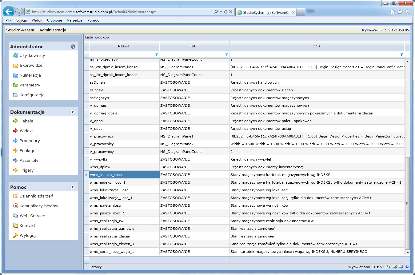 Moduł administracyjny StudioSystem, lista widoków SQL z opisem zastosowania