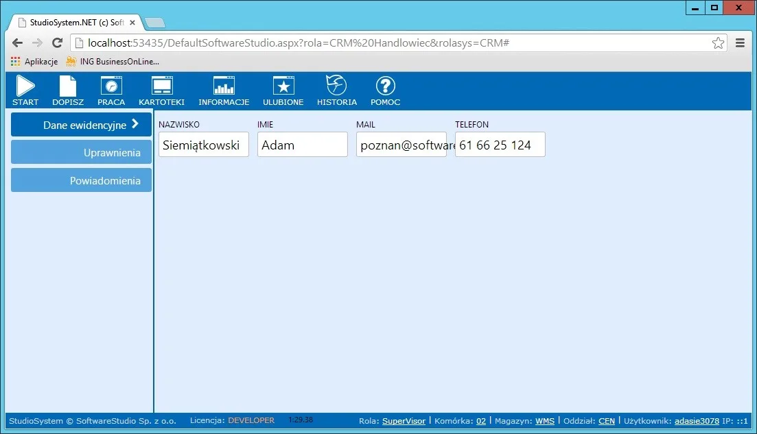 StudioSystem, transakcja x_tab z pionowym układem zakładek po lewej stronie okna, obok formularz z danymi osoby