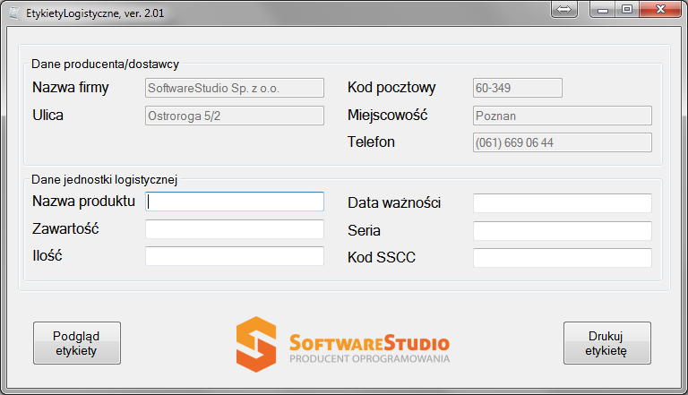 Okno programu Etykiety Logistyczne w wersji 2.01