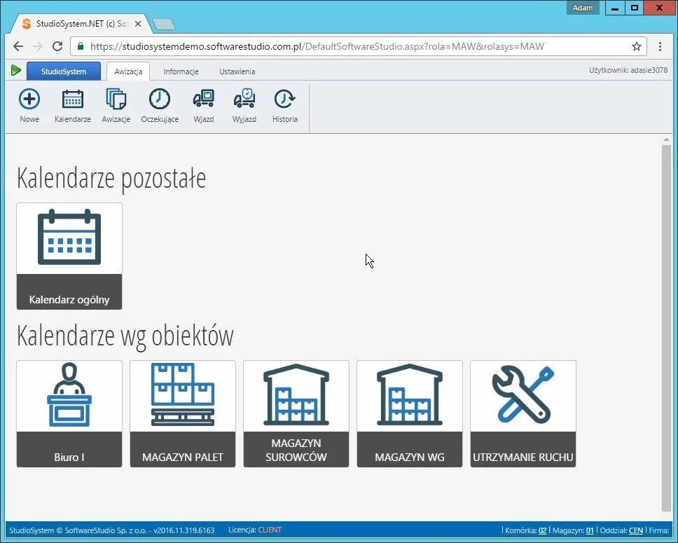 Moduł awizacji SoftwareStudio, wybór kalendarza: kafel kalendarza ogólnego oraz kalendarze przypisane do obiektów - biura, magazynu palet, magazynu surowców, magazynu wysokiego składowania i utrzymania ruchu
