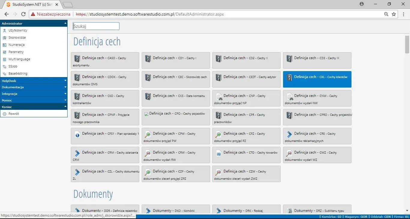 Moduł administracyjny StudioSystem, skorowidze definicji cech: kafle konfiguracji cech asortymentu, kontrahentów, klientów, pracowników, pojazdów, projektów oraz cech dokumentów przyjęć, wydań, zleceń i reklamacji