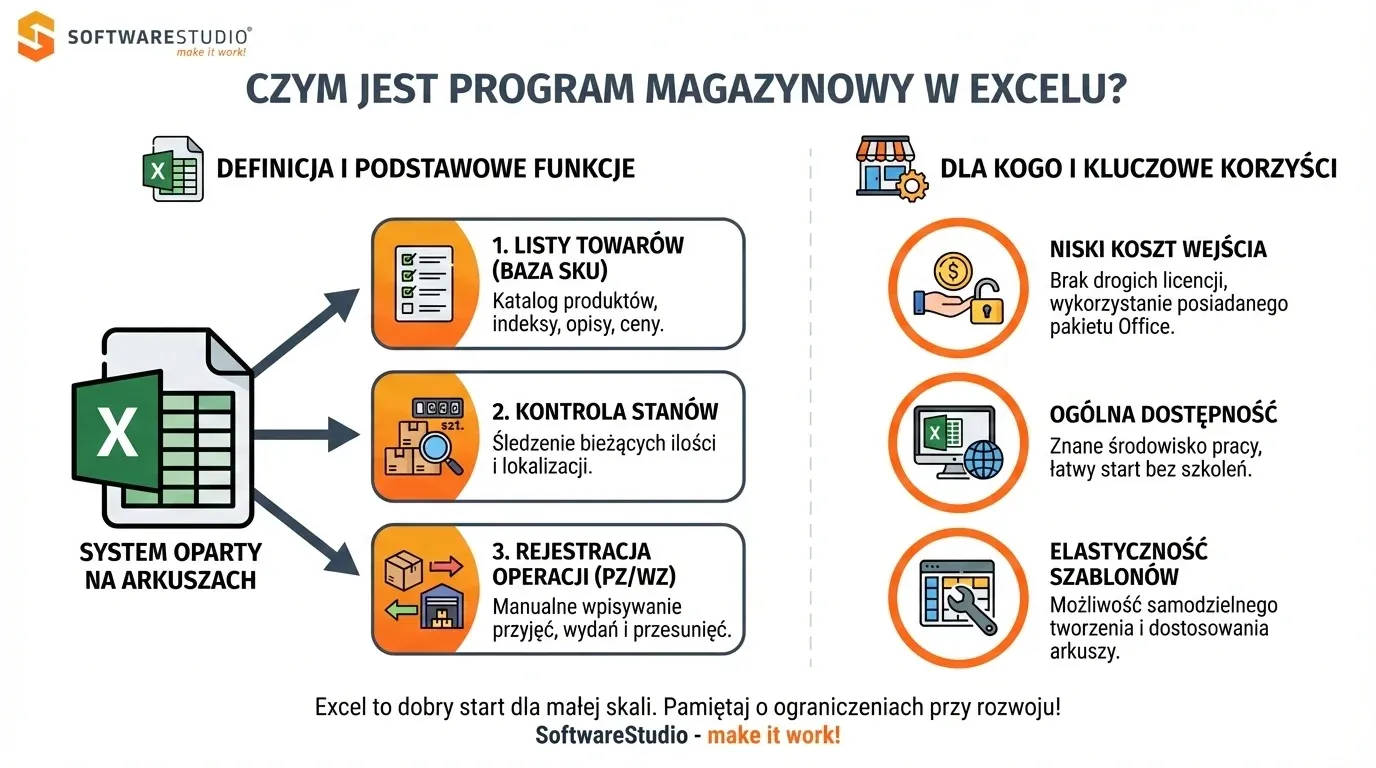 Infografika SoftwareStudio przedstawiająca definicję, funkcje oraz korzyści wykorzystania arkusza Excel jako prostego programu magazynowego w małej skali.