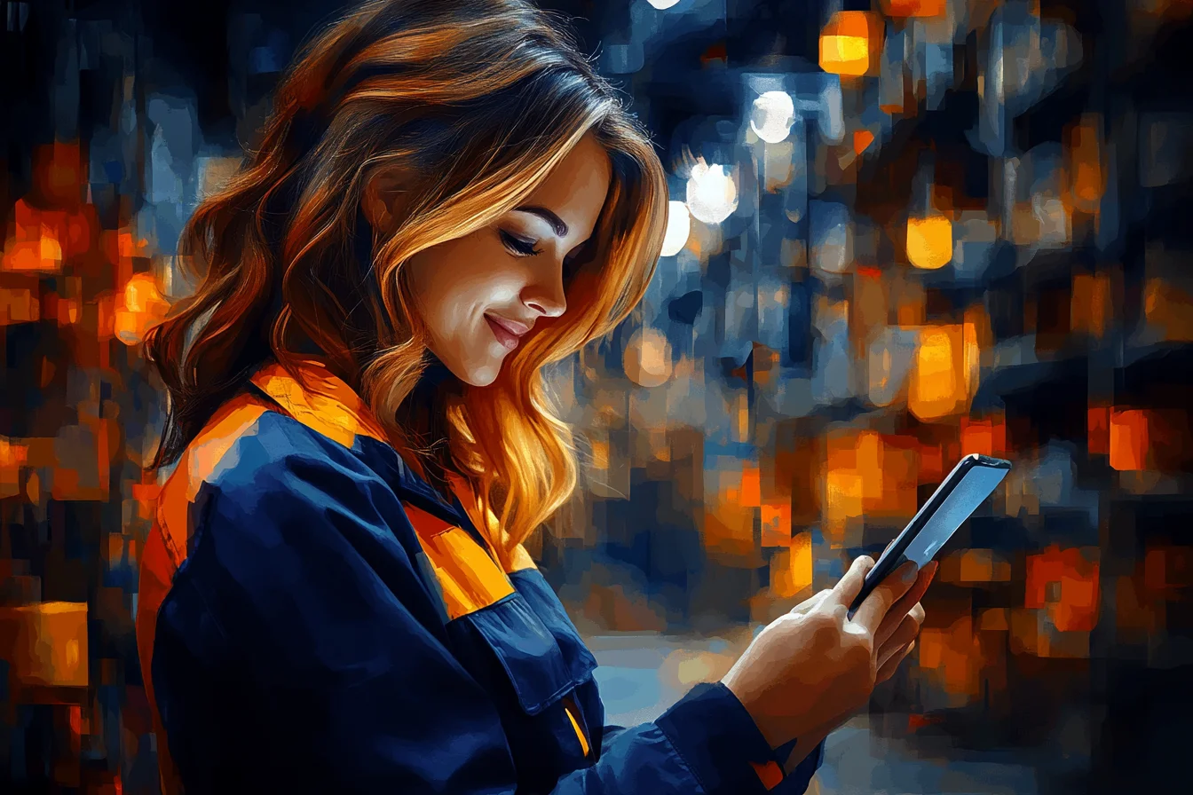 Pracownica magazynu ze smartfonem przy regale