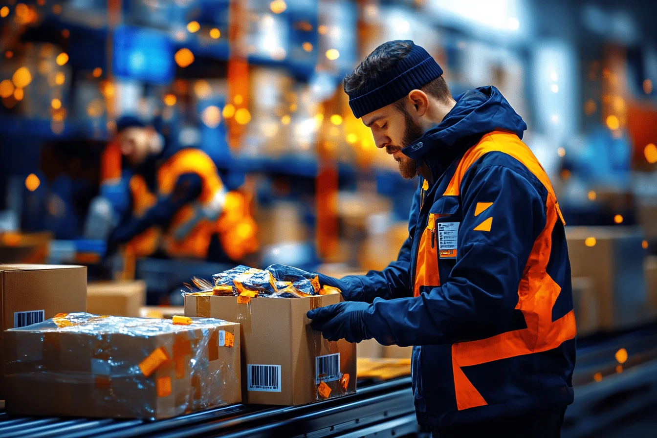 Pracownik magazynu pakuje kartony na taśmie produkcyjnej