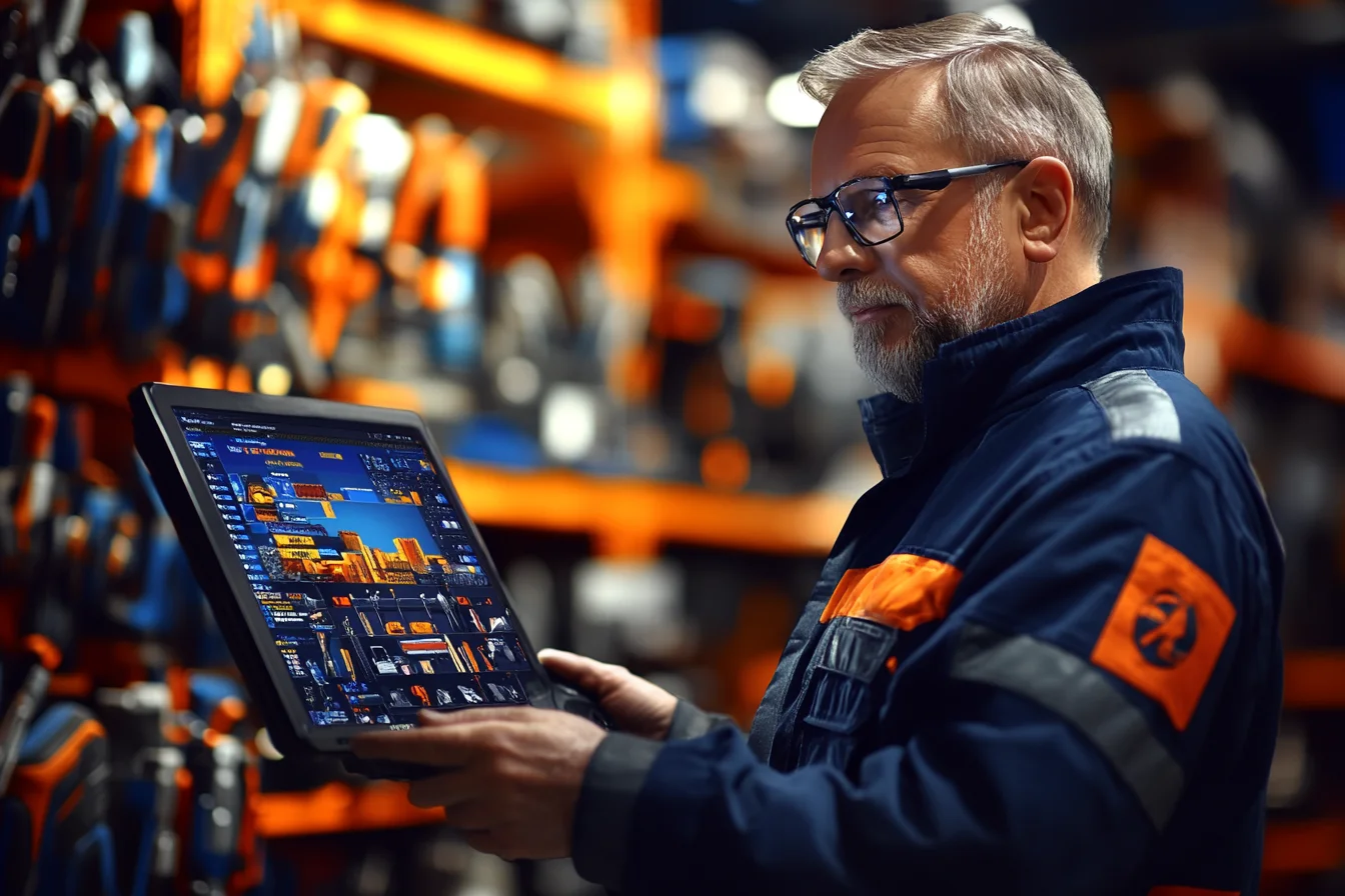 Starszy pracownik magazynu trzyma tablet z panelem danych