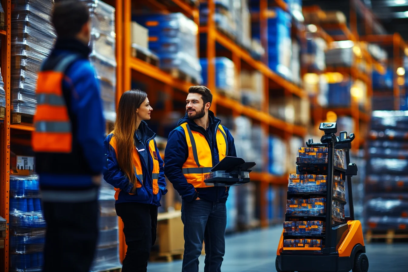 Dwoje pracownikow rozmawia obok autonomicznego robota transportowego z pojemnikami