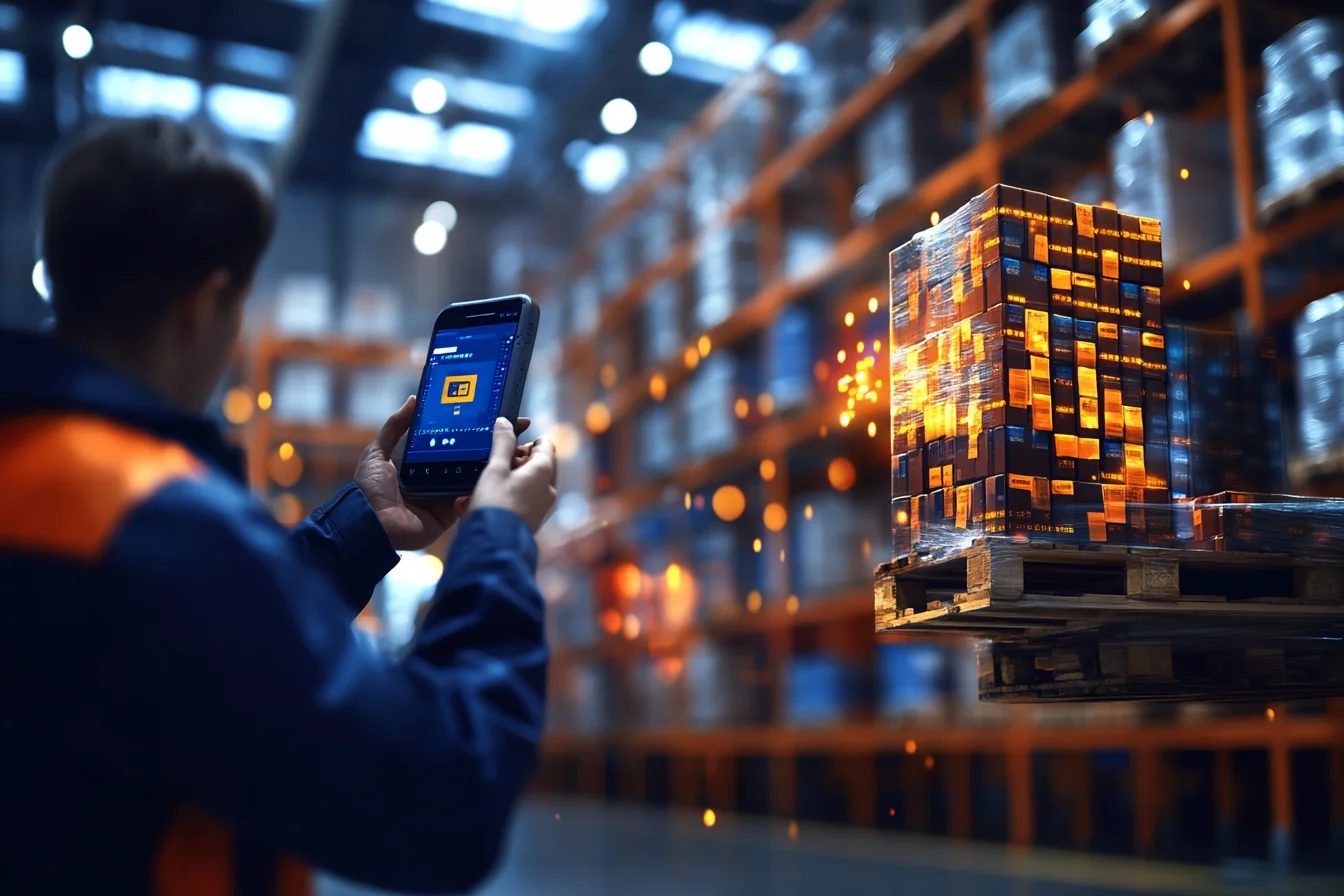 pracownik skanuje paletę aplikacją na smartfonie