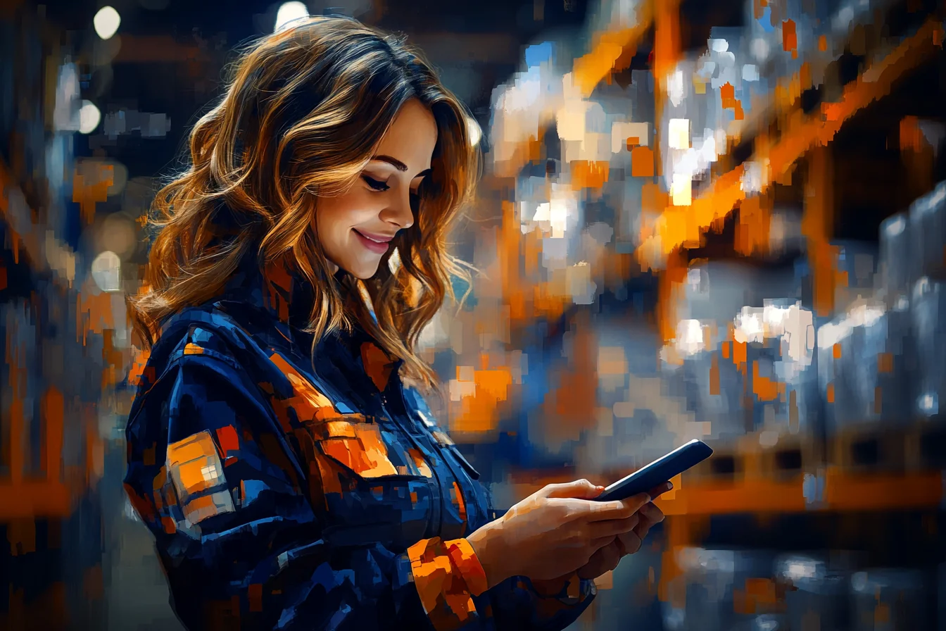 Tablet z ekranem aplikacji WMS na tle magazynu i ciężarówki