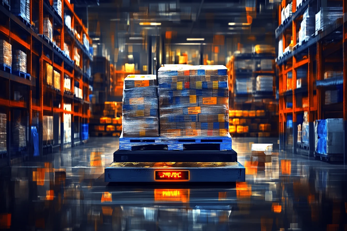 Automatyczny wózek transportowy (AGV) z paletą towaru w alejce magazynu wysokiego składowania