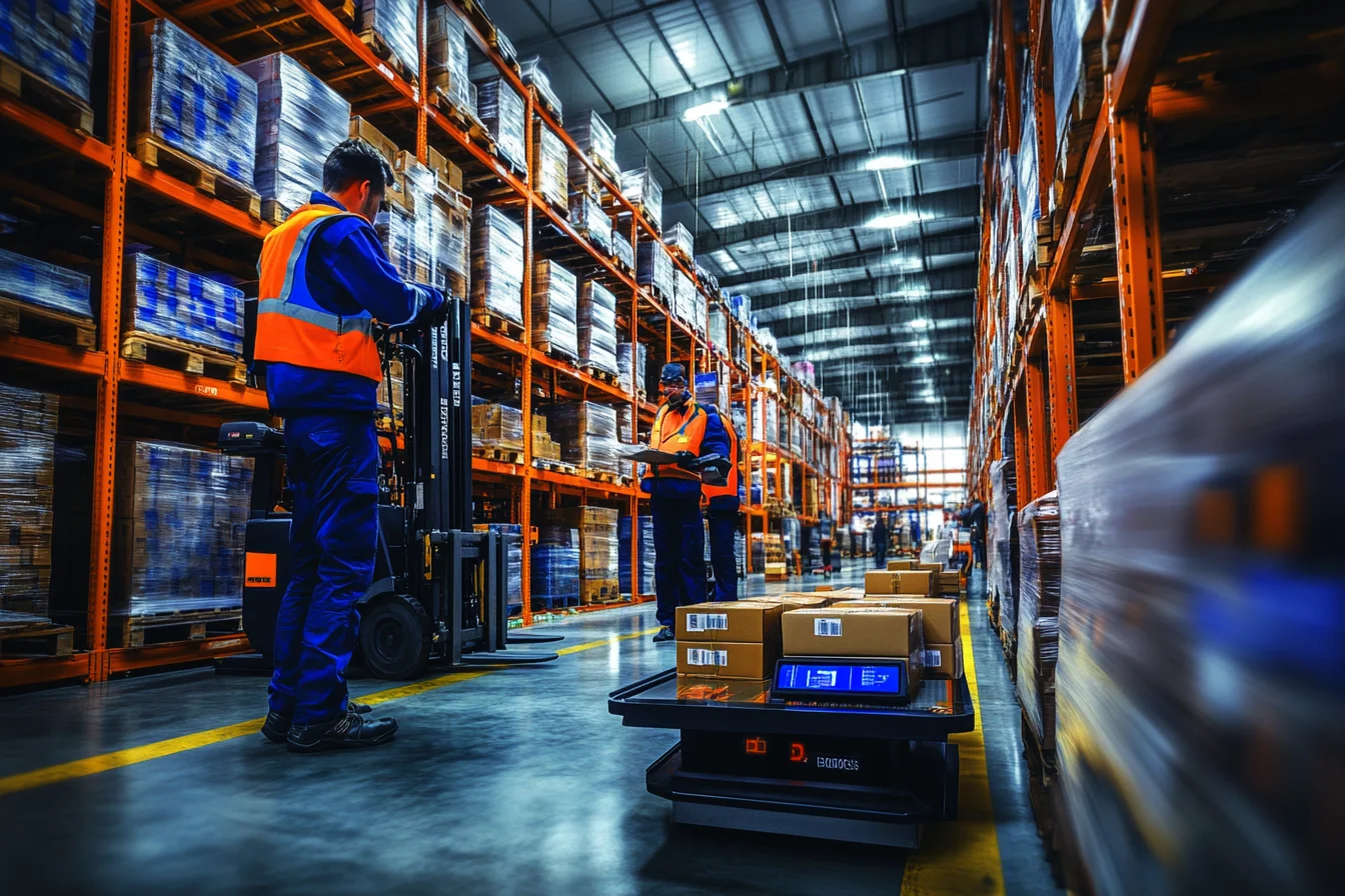 Dwóch pracowników i automatyczny wózek transportowy AGV w alejce wysokich regałów magazynowych