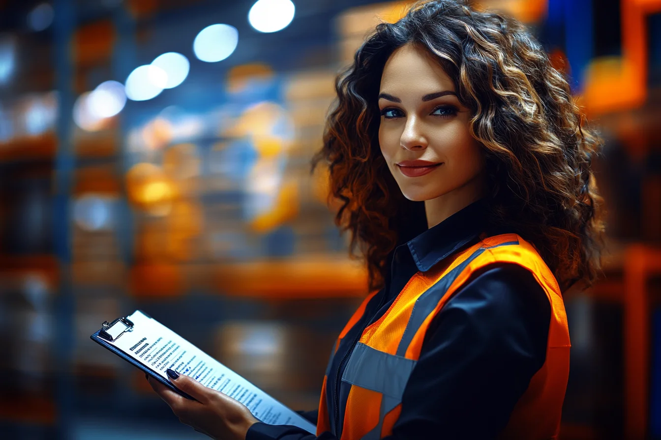 Pracownica w kamizelce odblaskowej trzyma podkładkę z kartką kontrolną w magazynie