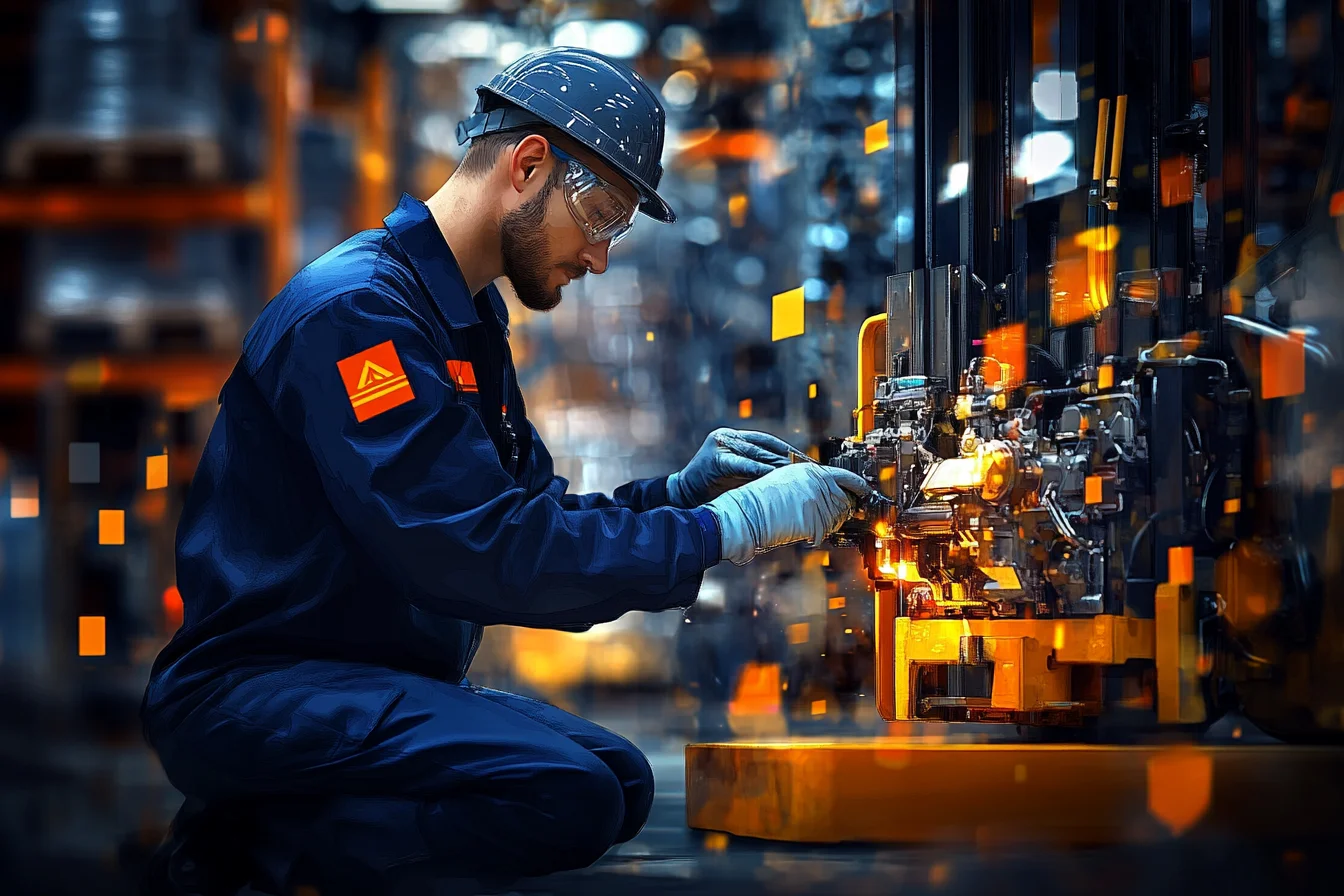 Technik w kasku serwisuje mechanizm hydrauliczny wózka widłowego w magazynie
