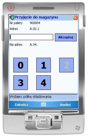 Interfejs mobilny programu magazynowego - zrzut ekranu. Zrzut ekranu z interfejsu systemu WMS na terminalu mobilnym pokazujący wybór miejsca składowania.