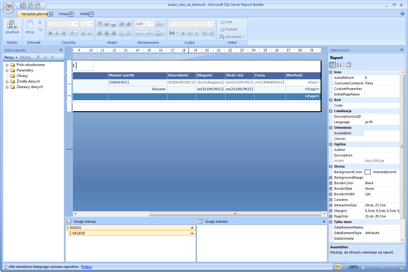 Zaawansowane projektowanie struktury raportu stanu magazynu. Widok projektanta raportów w narzędziu Report Builder.