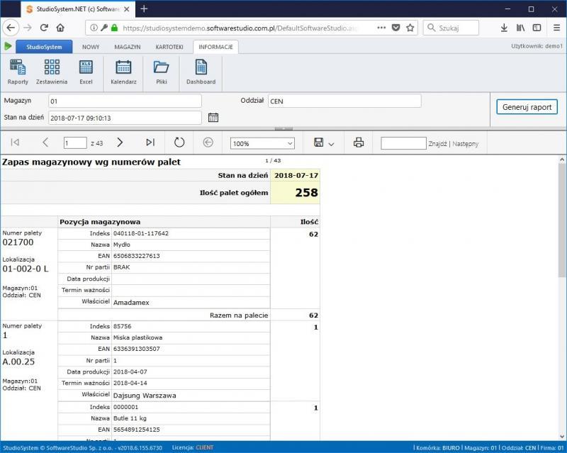 raport zapas magazynowy palet na dzien