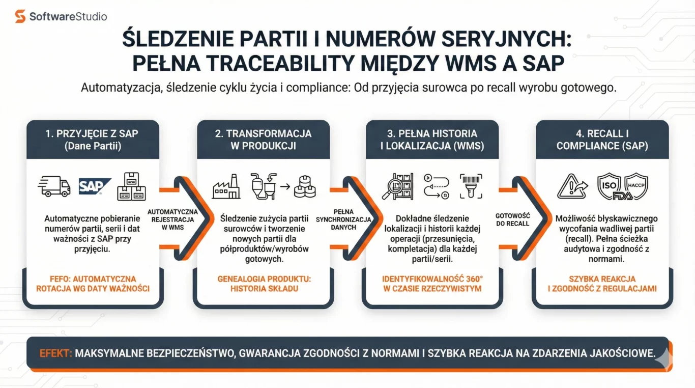 Integracja systemu ERP z WMS - automatyzacja magazynu 2 Infografika przedstawiająca proces śledzenia partii i numerów seryjnych (traceability) w systemie Studio WMS.net zintegrowanym z SAP.